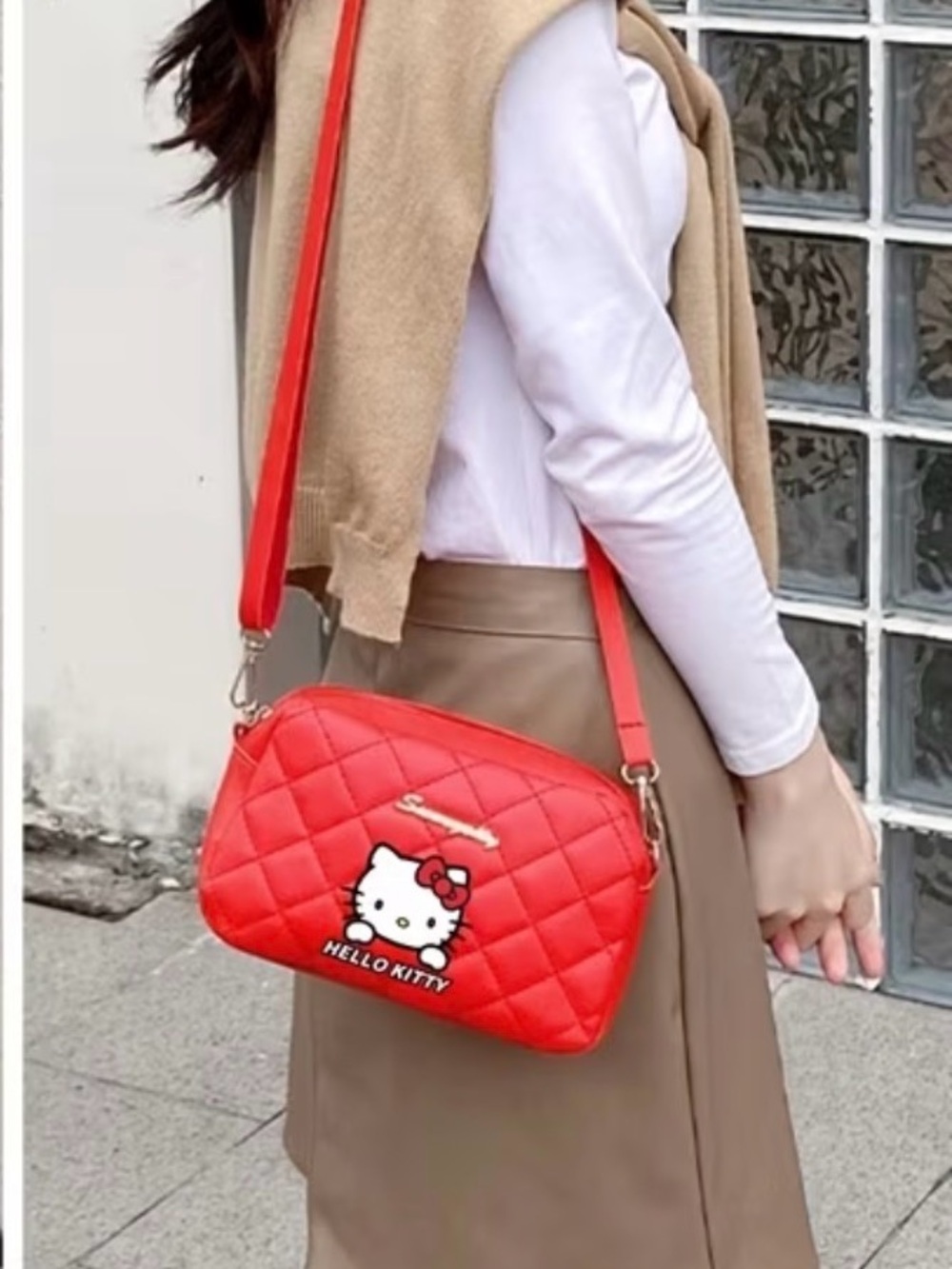 Hello Kitty Red Quilted Crossbody Shoulder Bag